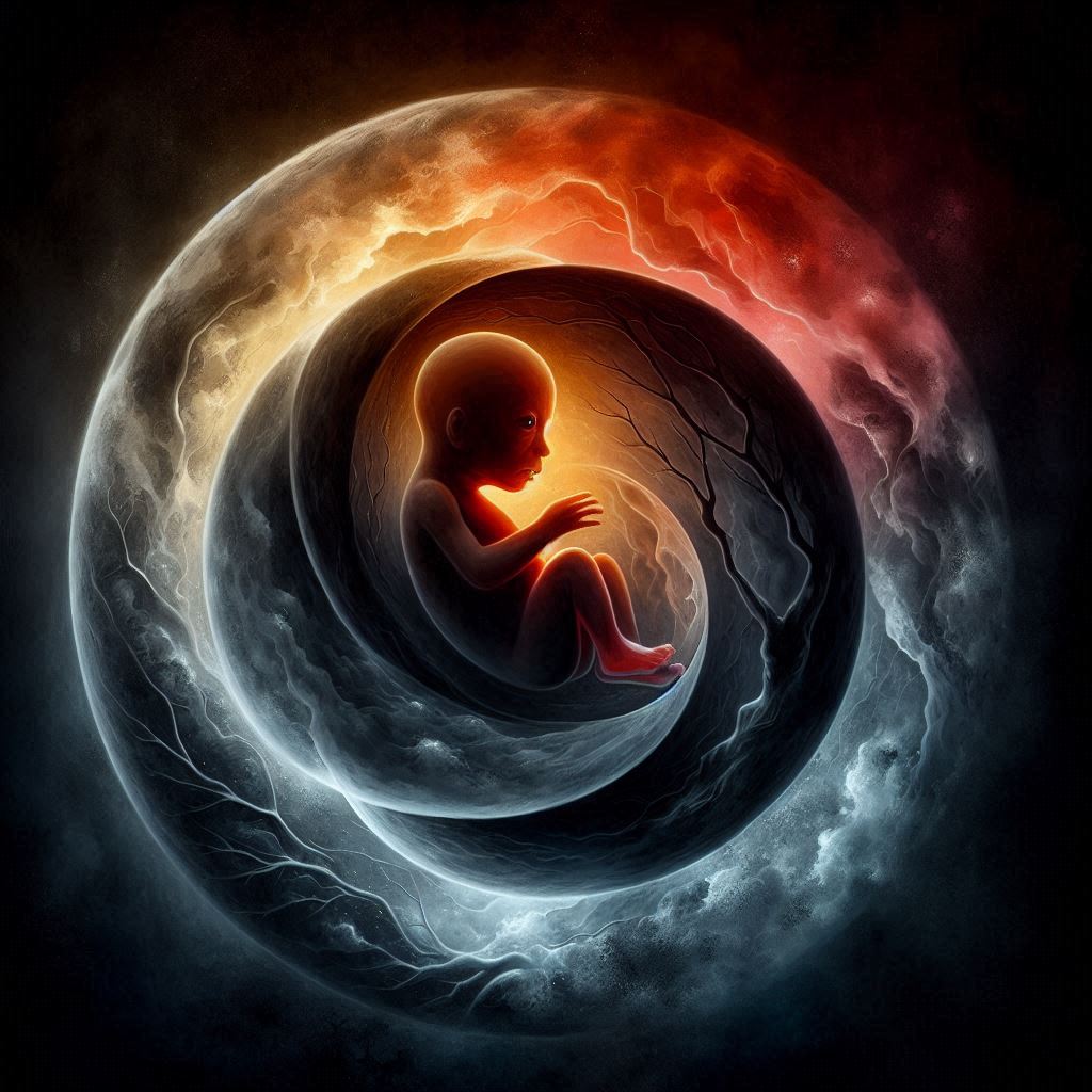 An artistic representation of a fetus developing in the darkness of the womb