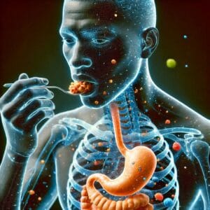 Hologram of the human eating and digesting close-up