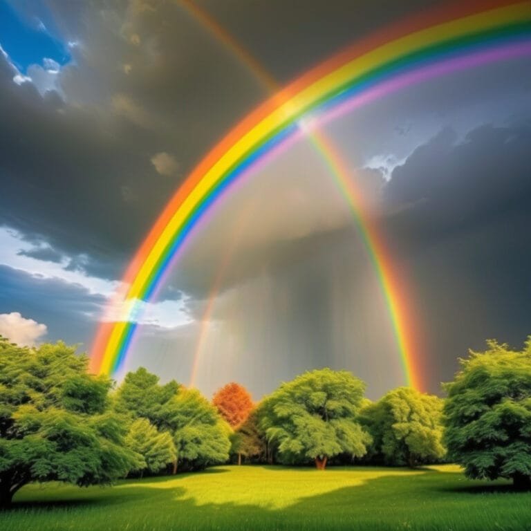 A vibrant rainbow with seven colors appearing in the sky after a light rain and sunlight