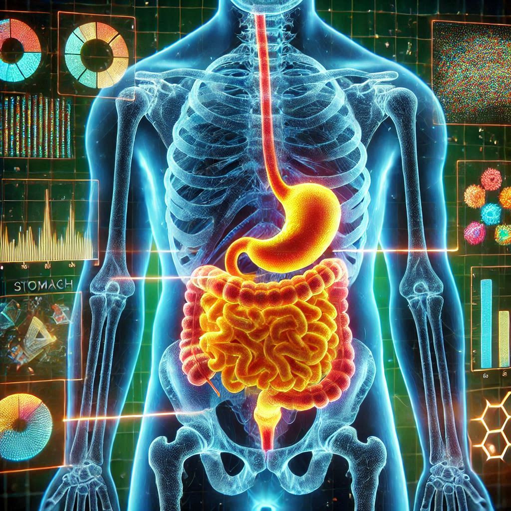 Hologram of the human digestive system, showing the process of food being digested in the stomach