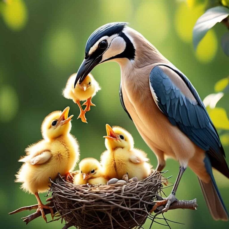 A parent bird feeding its young chicks