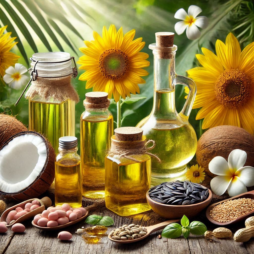 A variety of oils (coconut, peanut, sunflower, mustard) in bottles with natural plants in the background