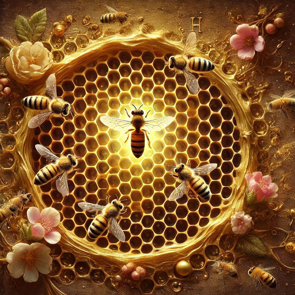 A close-up of a honeycomb with bees collecting nectar from flowers