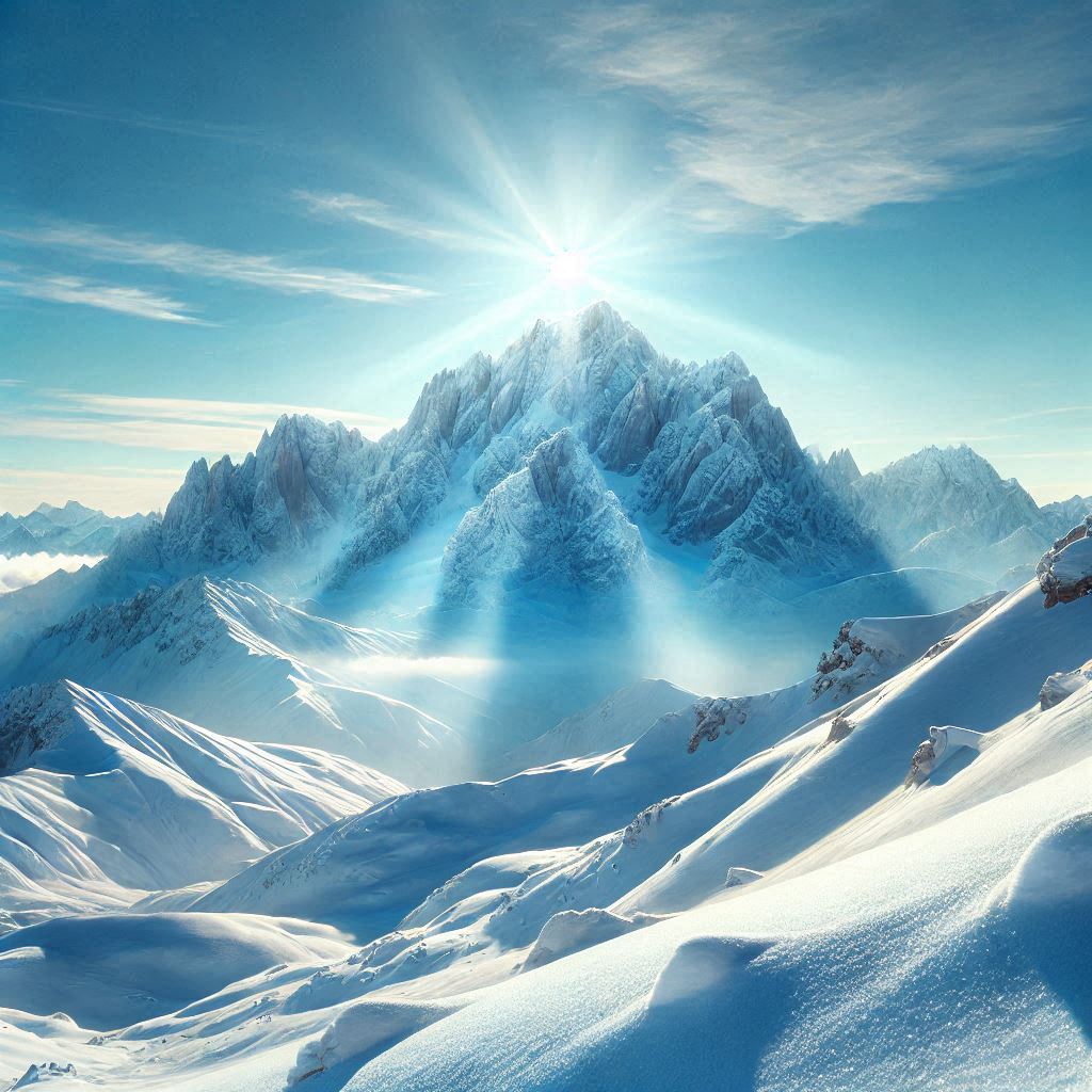 Snow-covered mountain peaks under a clear blue sky