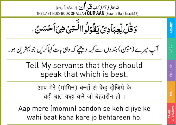 Al-Quran: Aye Nabi (ﷺ)! Aap mere (Momin) bando se keh dijiye ke wahi baat kaha kare jo behtareen ho