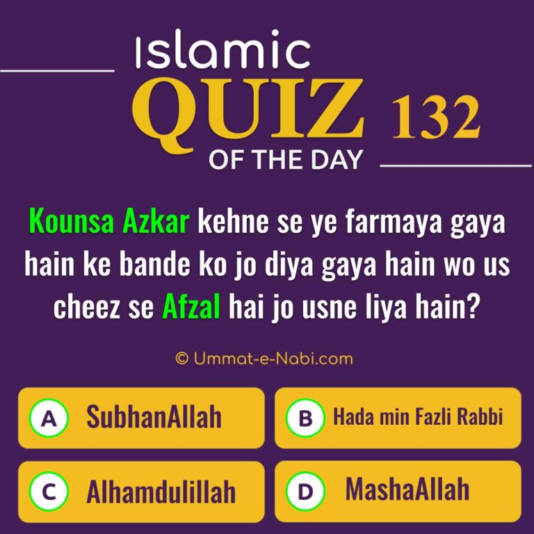 Islamic Quiz 132 : Kounsa Azkar kehne se ye farmaya gaya hain ke bande ko jo diya gaya hain wo us cheez se Afzal hai jo usne liya hain?